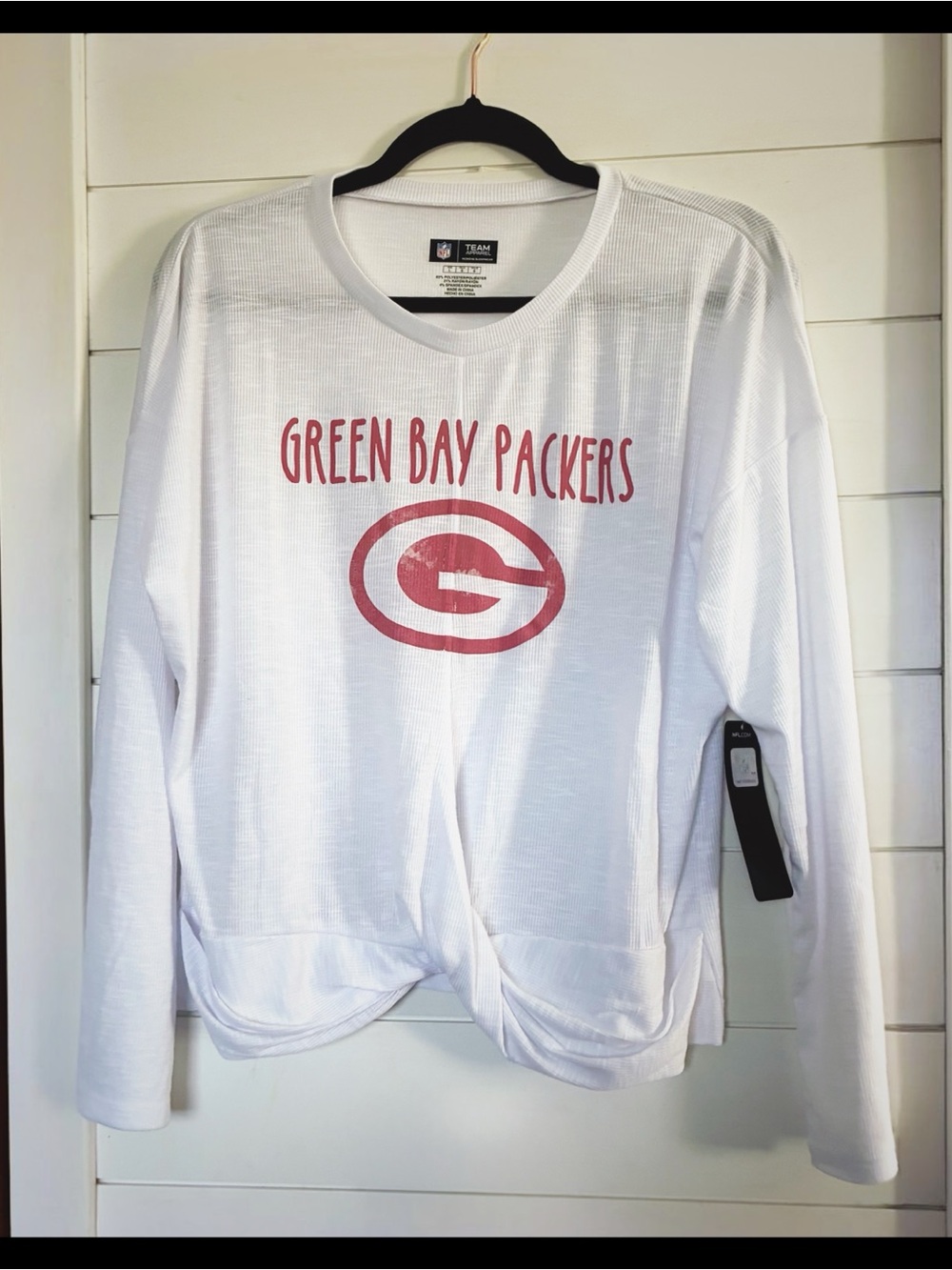 Green Bay Packers NFL Women's White Long-Sleeve Twist Front Tee NWT